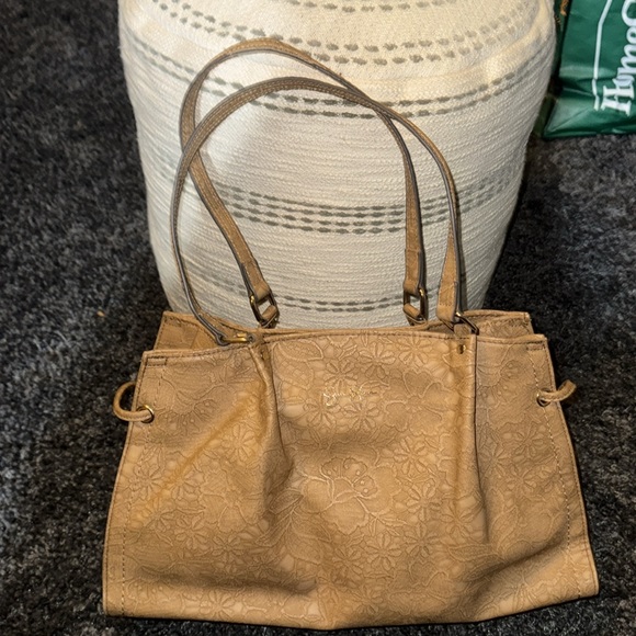 Tan Floral Jessica Simpson Satchel Purse with Leopard Interior - Picture 3 of 11